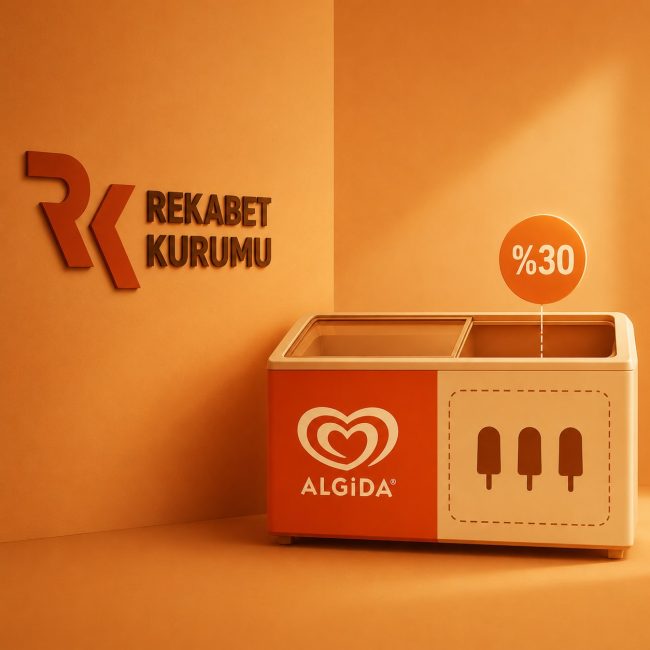 Rekabet Kurulunun Unilever ve Magnum hakkında verdiği geçici tedbir kararını temsil eden minimalist dondurma dolabı görseli