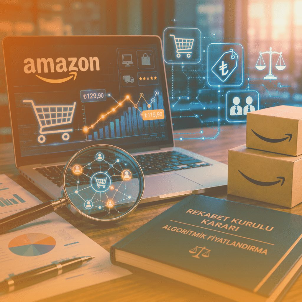Amazon’un algoritmik fiyatlandırma mekanizması ve Rekabet Kurulu incelemesini temsil eden görsel
